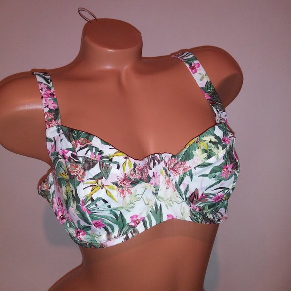 Victoria Secret Swim‎ Bikini Top 38D White Pink Green Floral Sling Cup Underwire - Picture 1 of 11